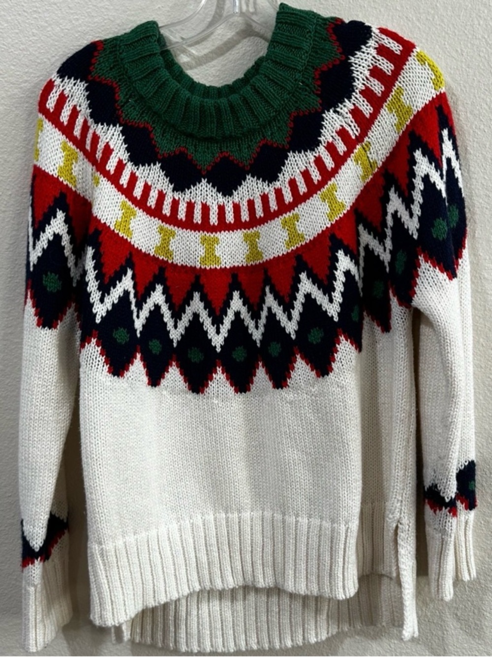 aerie Cream Fair Isle Crewneck Sweater with Green, Red, Navy & Gold Small